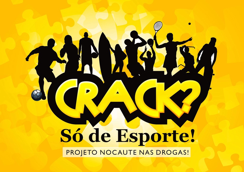 Arte da campanha Crack? Só de Esporte! — Projeto Nocaute nas Drogas, com silhuetas de diferentes modalidades esportivas.